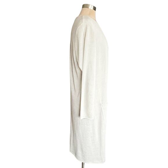 Eileen Fisher Organic Linen Blend Longline Open Front Cardigan Cream Metallic LG - Picture 2 of 7